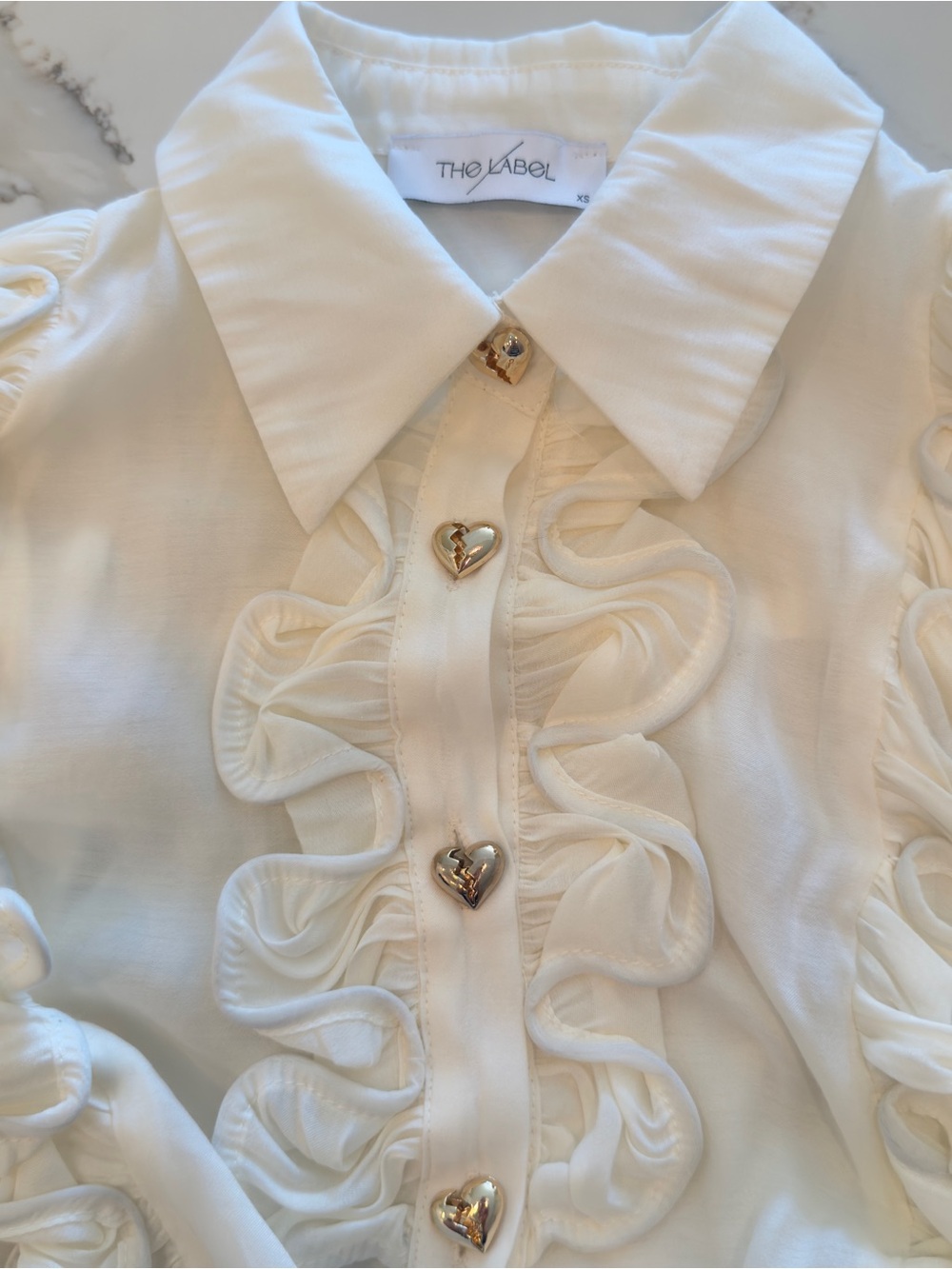 The Label Edition Ezra Ruffle Shirt Off-White Cream Heart Buttons XS Excellent - Picture 3 of 13